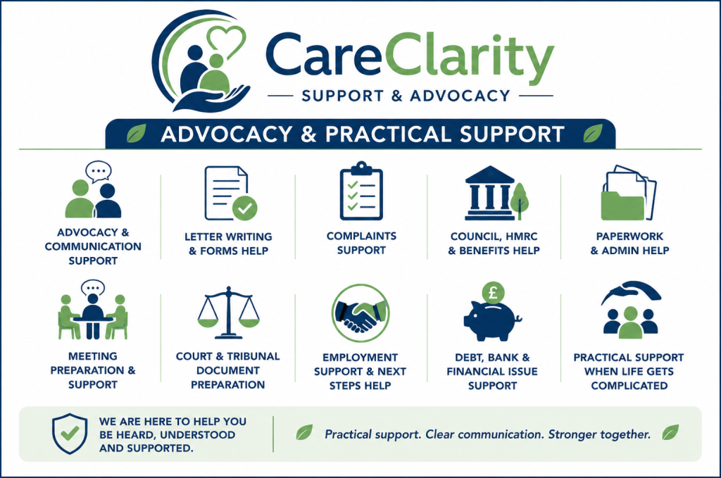 Care Clarity Support & Advocacy – Advocacy and Practical Support services, including advocacy and communication support, letter writing and forms help, complaints support, council, HMRC and benefits help, paperwork and admin help, meeting preparation, court and tribunal document preparation, employment support, debt and financial issue support, and practical support when life gets complicated.